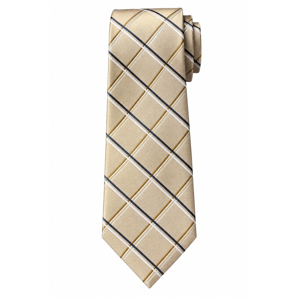 Claiborne Mens Silk Tie Gold Navy Blue White Diagonal Plaid Check Necktie